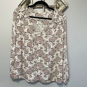 LOFT Tie Neck Paisley Mixed Media Long Sleeve Blouse